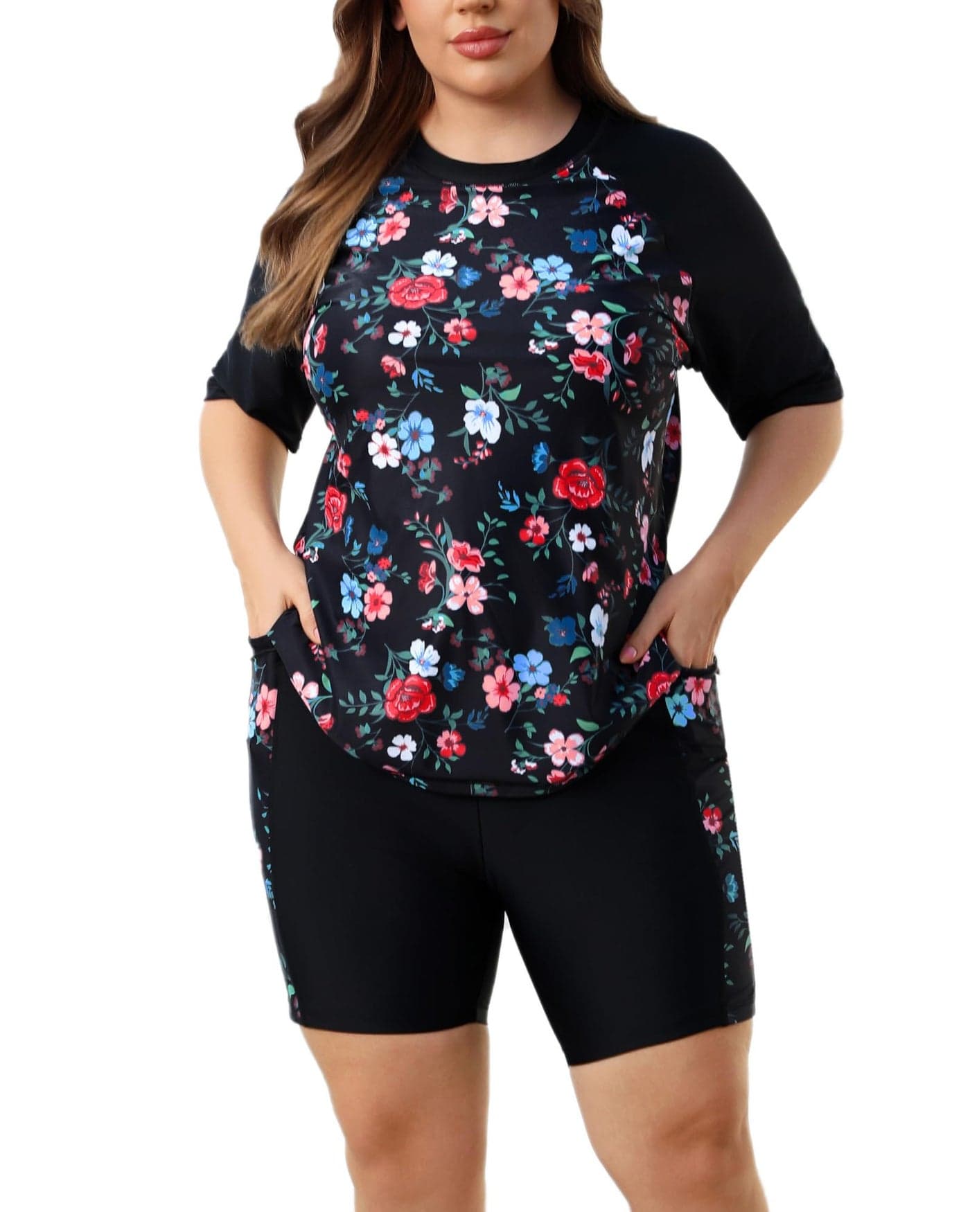 Halcurt Plus Size Short Sleeves Bathing Suits Curvy Women Built in Bra Full Coverage 2 Pc Swim Shirt and Long Board Shorts Floral 2X