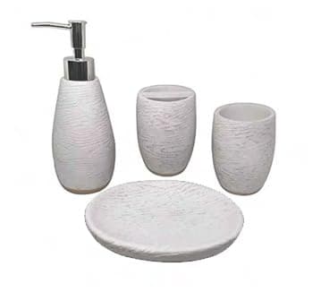 Aquieen Polyresign 4 Pieces Bathroom SetLiquid Soap Dispenser Toothbrush Holder Tumbler Soap Dish Holder Bath Set White Wood
