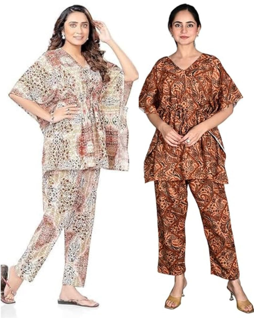 Vlazom Women's 100% Cotton Printed Kaftan & Pyjama Set – Combo Pack of 2 | Free Size Nightwear with Pocket | Soft Cotton Loungewear Co-ord for Women (Beige.Musterd, Free Size)