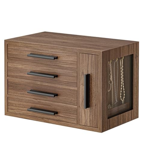 HOOBRO Jewelry Box for Women, Wooden Jewelry Organizer with Transparent Window, 4-Layer Jewelry Organizer Box, Jewelry Holder Organizer for Earrings, Necklaces, Rings, Walnut and Black BH09JB04