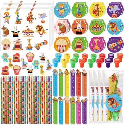 Cholemy 168 Pcs Circus Party Favors Carnival Party Supplies Circus Animal Stationery Set Notebook Sticker Stamper Eraser Ruler Pencil Bag for Carnival Baby Shower Birthday Gift Classroom Prize