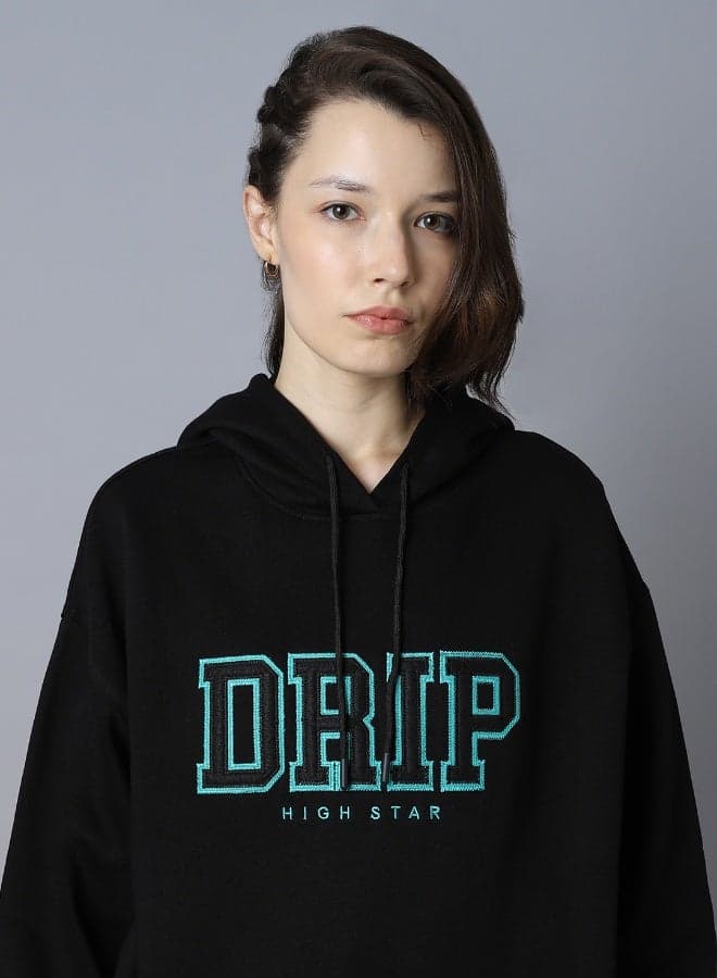 Women's Black Cotton Blend Printed Oversized Sweatshirt