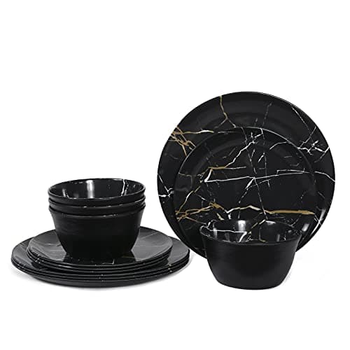 Melamine Dinnerware Set - 12pcs Plates and Bowls Sets Best for Indoor and Outdoor Party, BPA-Free Dishwasher Safe Kitchen Dinner Set with Black Marble Pattern