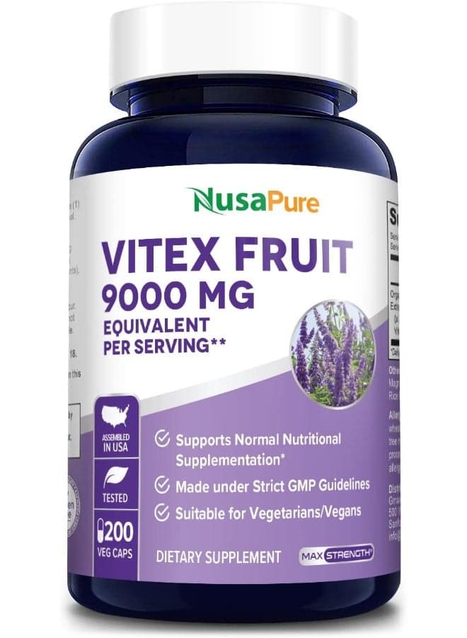 NusaPure Vitex Chasteberry Fruit 20:1 Extract 9,000 mg -200 Veggie Caps 200 Days Supply (Non-GMO, Gluten Free)