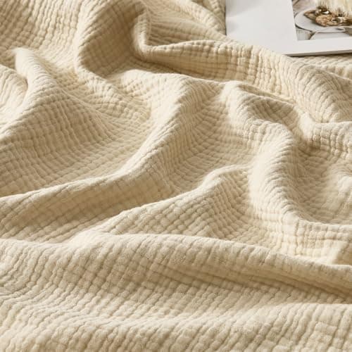 WDCOZY 100% Cotton Muslin Blanket King Size 4-Layer for Bed Breathable Lightweight Soft Large Boho Farmhouse Linen Tassels Ruffle Gauze Blankets All Season for Adults 108x90 Inches Beige Tan Neutral