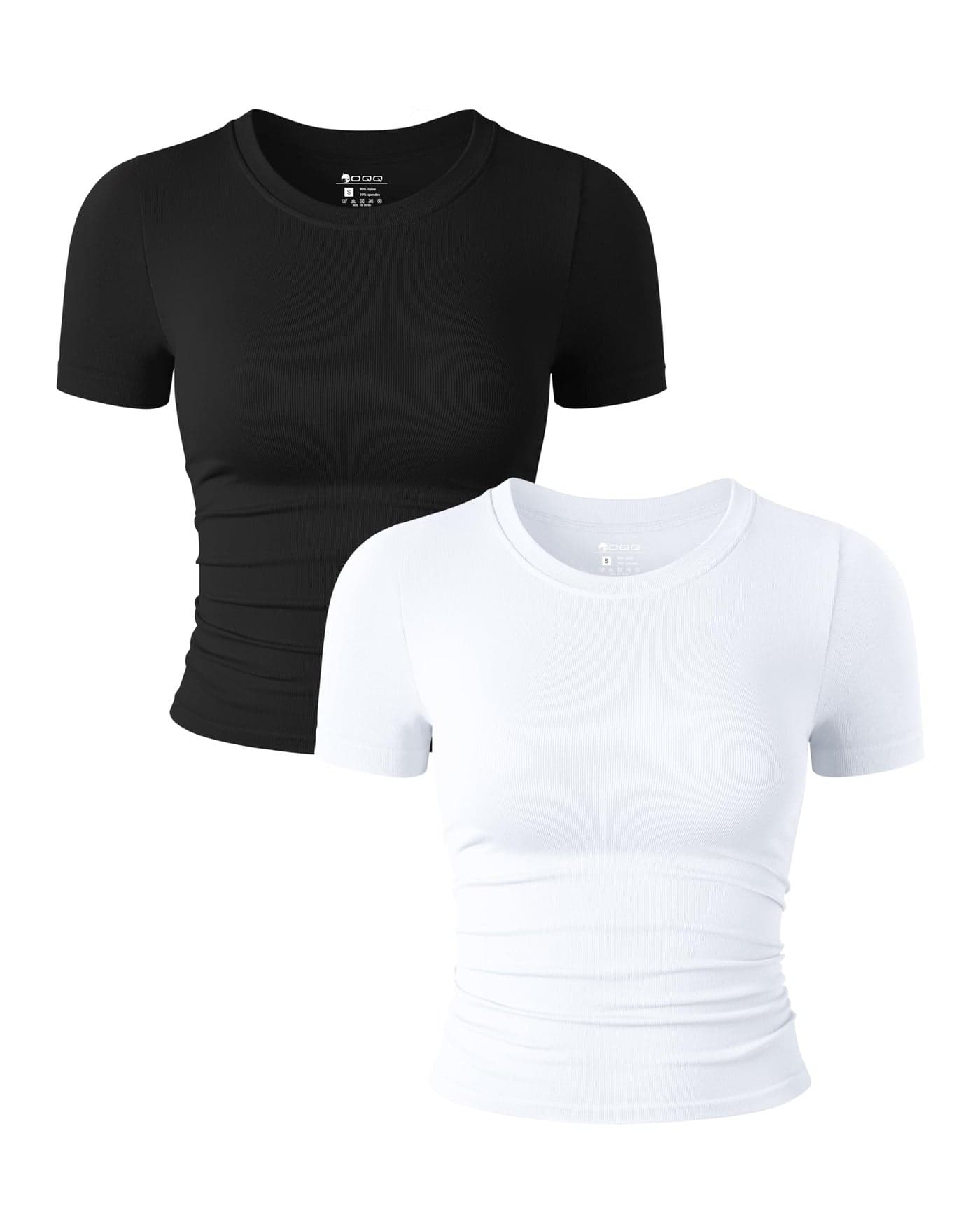 OQQ Womens 2 Piece Shirts Short Sleeve Crew Neck Ruched Stretch Fitted Tee Shirts Crop Tops Black White