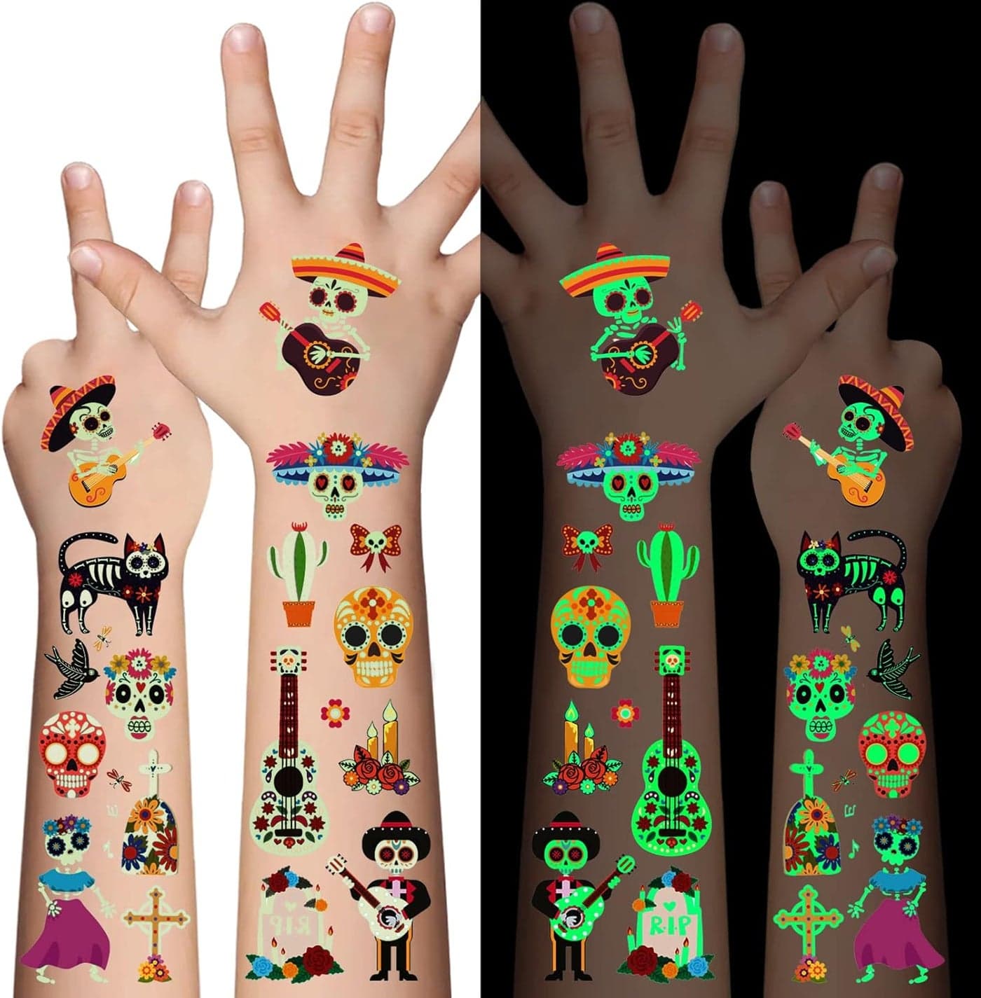 Day of the Dead Luminous Temporary Tattoos for Kids 10 Sheets Glow In The Dark Tattoo Stickers for Boys and GirlsSugarSkeletonsGemstonesRed Roses Face Makeup Tattoos SetHoliday Party Gifts