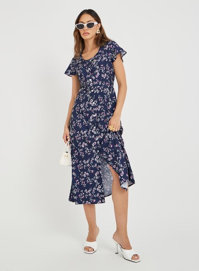 Take Two Women Navy Blue Floral Print Button Front A-Line Midi Dress