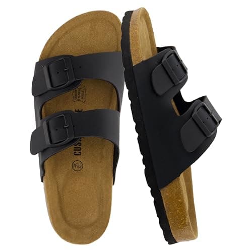 CUSHIONAIRE Lane Cork Footbed Sandals for Women – Comfortable Double Buckle Slip-On with Genuine Suede Footbed & Arch Support Slides for Women Footwear, BLACK 6