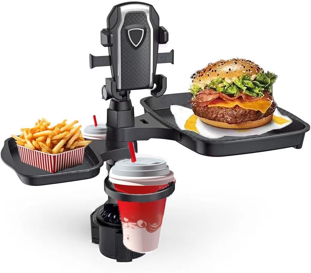 VBM 5 in 1 Car Cup Holder with Phone Mount Holder Solt Adjustable Travel Food Table Tray 360 Degree Rotating Dull Cup Holder Car Food Tray Table for Eating Universal Tray for Travelling All Cars