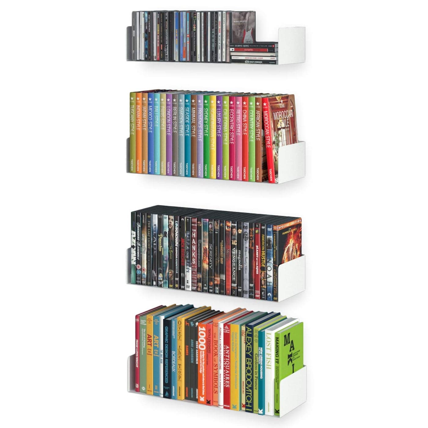 Wallniture Bali White Bookshelf and CD DVD Storage Shelf Set of 4 Metal Floating Book Shelves for Wall