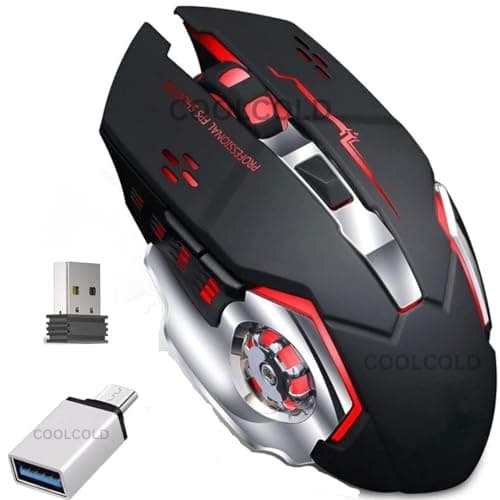 COOLCOLD Wireless Gaming Mouse – Rechargeable RGB with Type-C OTG Dongle, 2.4 GHz 2400 DPI, 6-Button, 4-Color Breathing Lights, 10 m Range (Black)