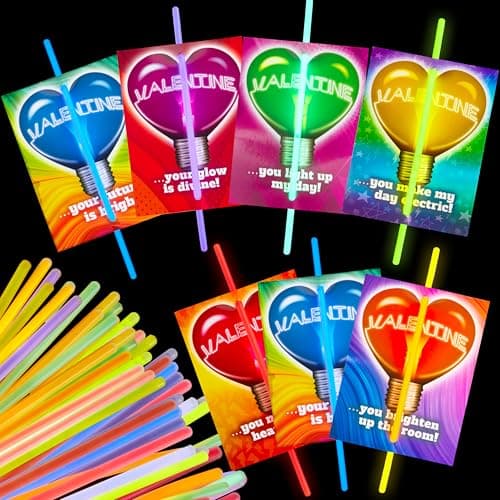 JOYIN 36 Packs Neon Valentines Day Gift Cards with Glow Stick Bracelets Glow in the dark Necklaces for Valentines Party Favor Valentine Classroom Exchange Cards Valentine School Prize