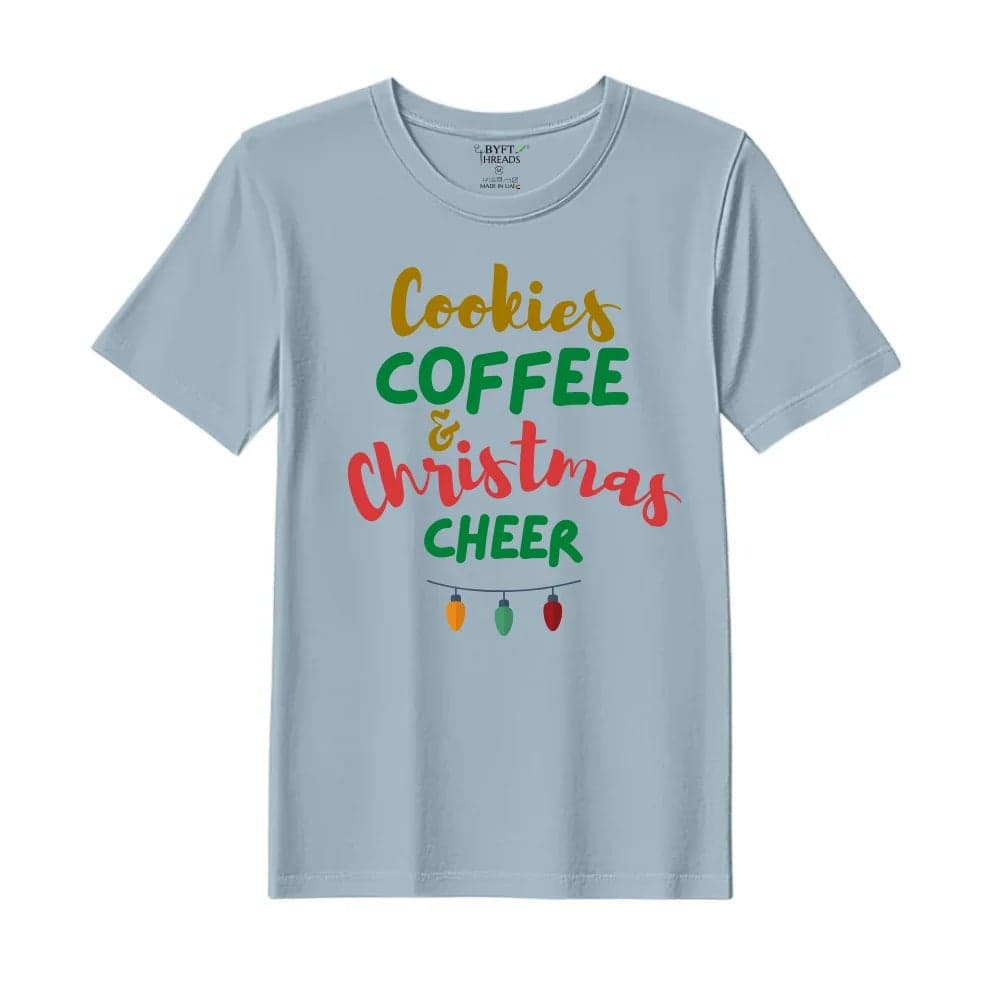 BYFT Threads XL Baby Blue Polycotton T-Shirt - Christmas "Cookies Christmas Cheer" Printed Design, Premium Holiday Collection