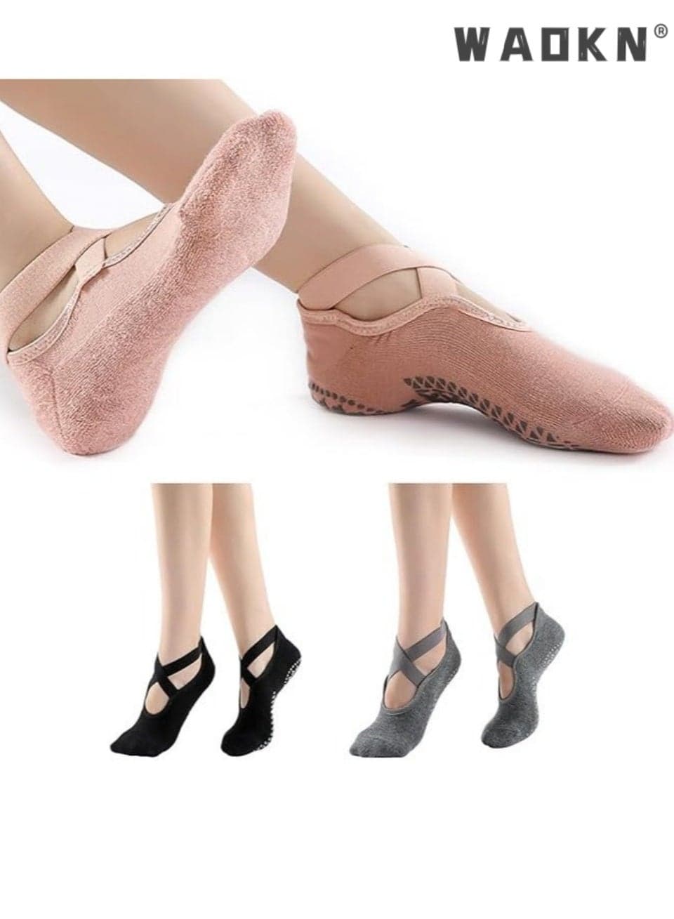 3 Pairs Yoga Socks,Non-Slip Cotton Socks for Pilates , Ballet Dance Socks Barefoot Workout Socks,Performance Blend,Anti slip women's professional yoga socks,solid color Strap yoga socks(Pink,Black,Grey)