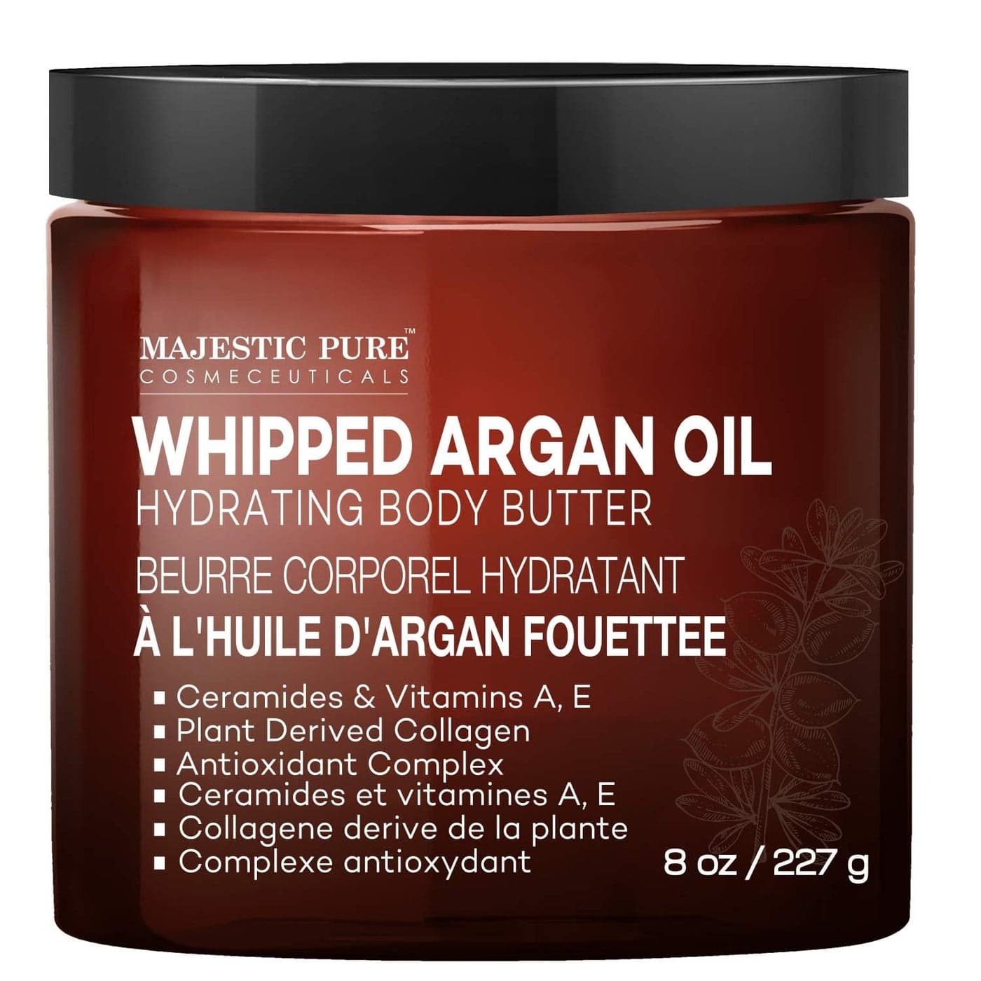 MAJESTIC PURE Whipped Argan Oil Body Butter for Women Men With Ceramides Vitamin E A Vegan Collagen For Skin Face Appearance of Wrinkles Fine Lines 8oz