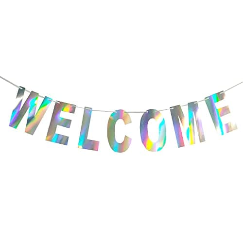 Festiko® Holographic Welcome Banner Decorations Sign, Hanging Bunting String Flag Garland for Welcome, Deployment Homecoming, Family Reunion, Military Homecoming Party
