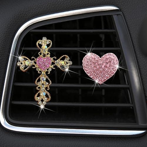 2 Pack Car Vent ClipsCrystal Cross and Heart Air Vent ClipsBling Car Accessories for Women GirlsPink