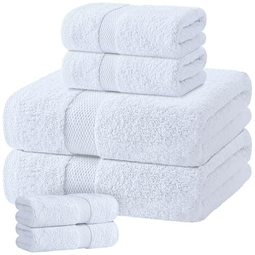 White Bath Towel Set of 6 - 100% Cotton Highly Absorbent Towels for Bathroom, 2 Luxury Bath Towels 650GSM, 2 Hand Towels, 2 Washcloths