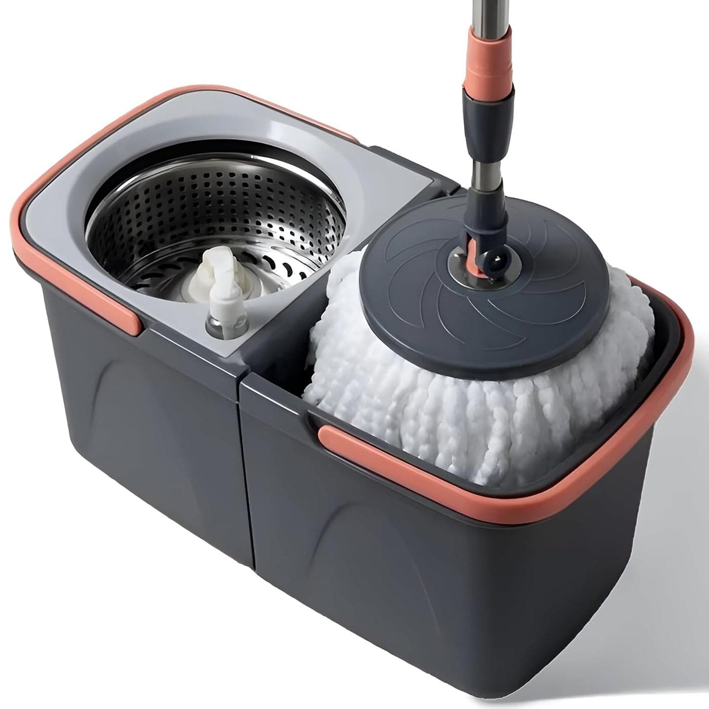 PRIME PICK Triangle Spin Mop Extendable Ceiling Fan Cleaning Brush Stainless Steel Wringer Puller Handle Microfiber Dry Wet Mop for Floor Wall Detachable Bucket 2 Microfiber Refills Big Size
