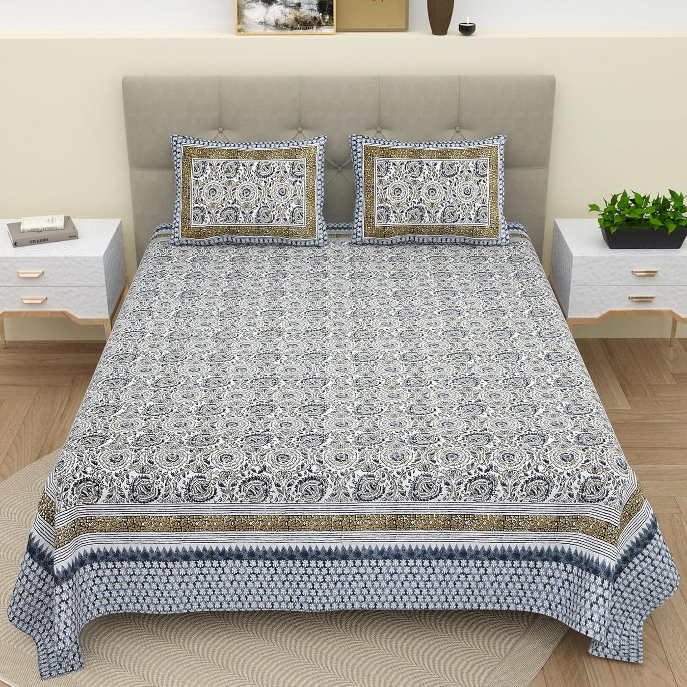 Bella Casa Double King Size Bedsheet Set Cotton with 2 Pillow Covers Floral Design Berry Blue Colour - Ethnic Collection