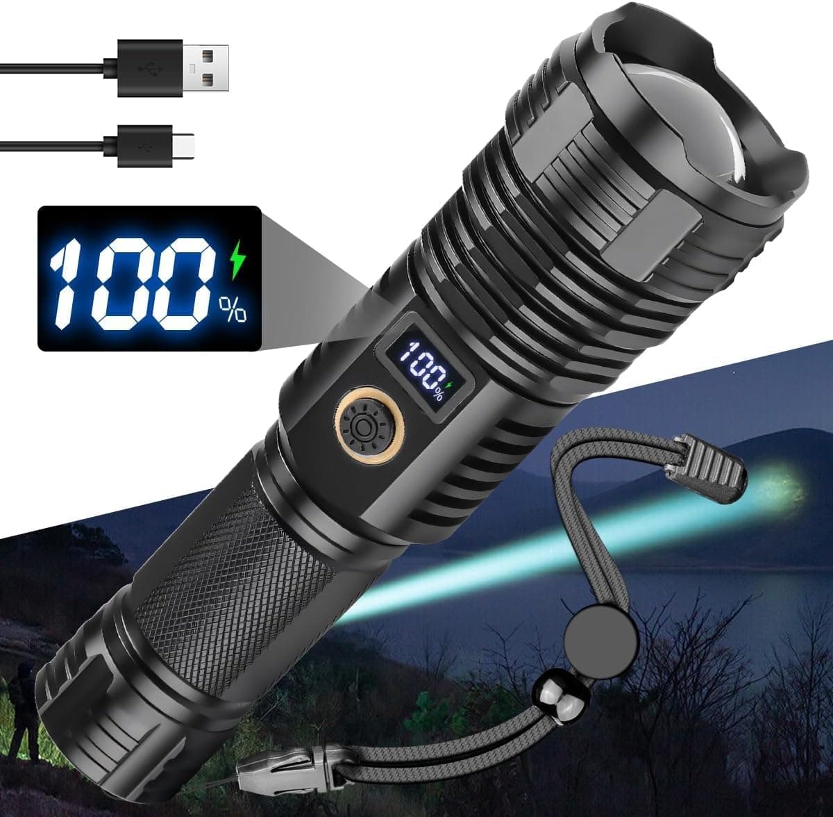 Suicune LED Rechargeable Torch with Display Extremely Bright 30000 Lumens USB Torch Battery Powered IP65 Waterproof 5 Light Modes Adjustable Focus for Camping Hiking Jogging Emergencies