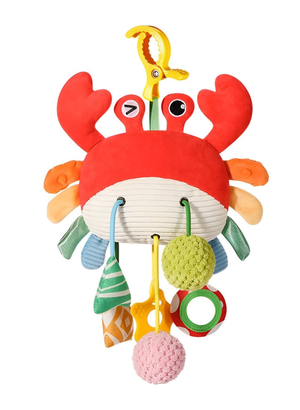 Crab Car Seat Toy for Babies - Multi-Sensory Infant Stroller Toy with Mirror, Bell, Rattles, Crinkle, Teether - Safe, Soft, Fun Activity Toy for 18 months+
