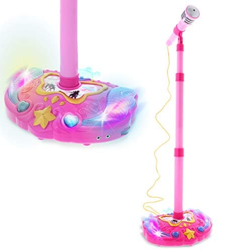 Mozlly Super Star Kids Karaoke Machine with Microphone Stand Playset Pink Microphone with Stand with Builtin Jack and Speaker for MP3 Player Singing Toys for Girls and Boys with Music and Light