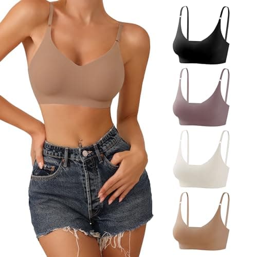 DEANGELMON 4 Pieces V Neck Bralettes Padded Seamless Adjustable Straps Bra Everyday Basic Sleeping Bras (4P3,L)