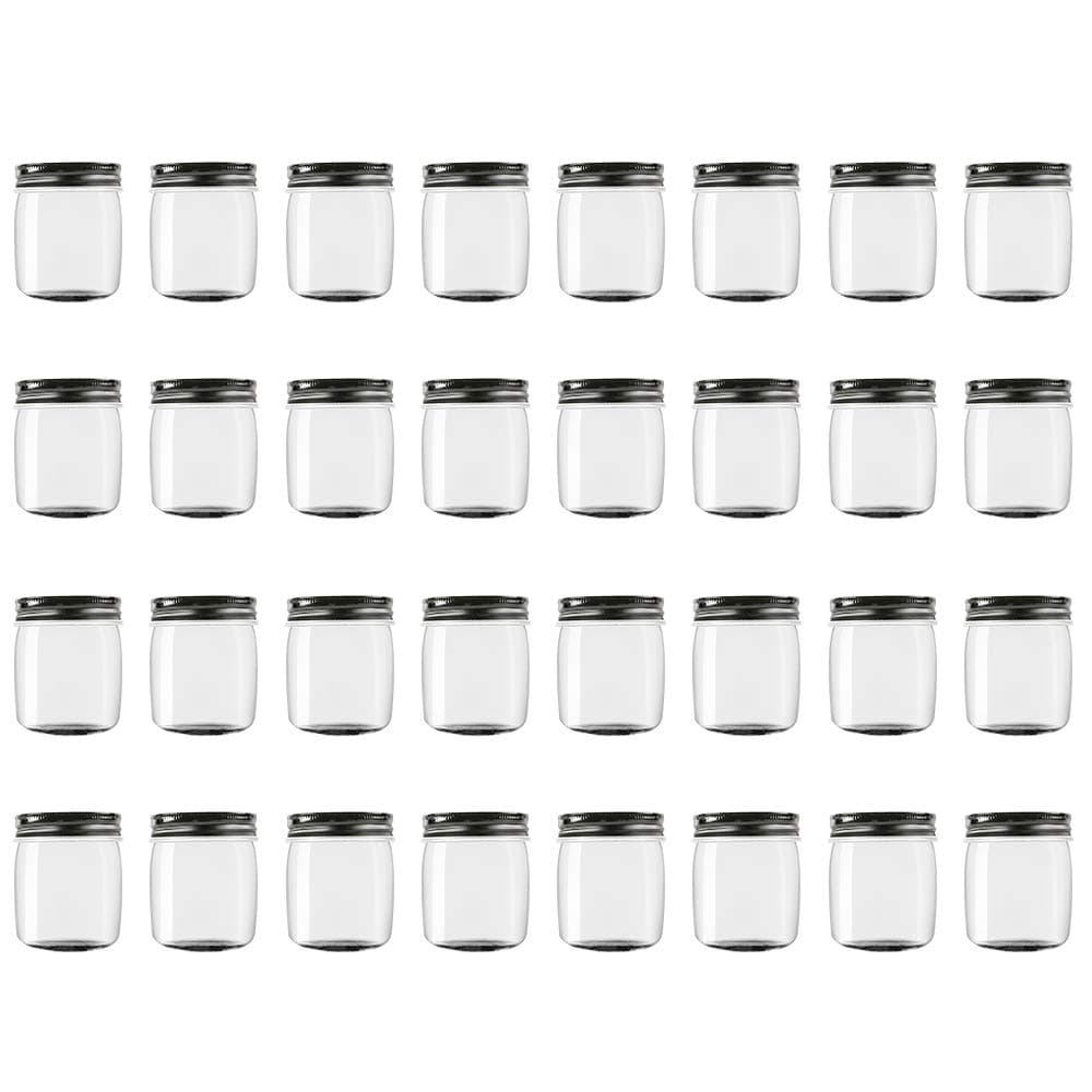 Novelinks 8 Ounce Clear Plastic Jars with Black Lids Refillable Round Containers for Kitchen Household Storage BPA Free 32 Pack