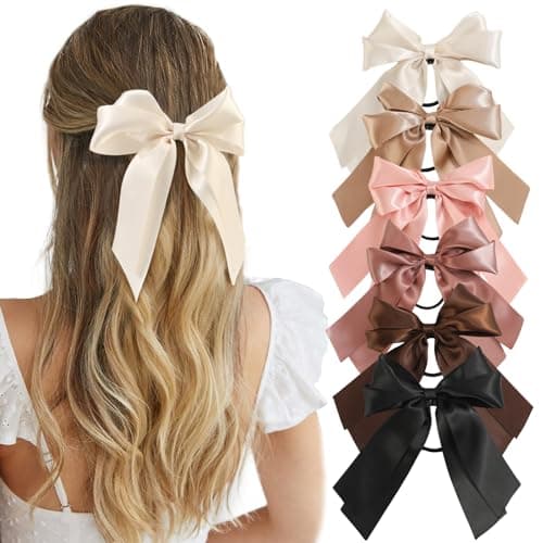 Yougeigy 6PCS Bow Hair Ties, Satin Hair Ribbon, Ribbon Hair Bows for Women Girls, Elastics Hair Scrunchies for Thick Thin Hair, Bows Hair Accessories with Long Tail, Black