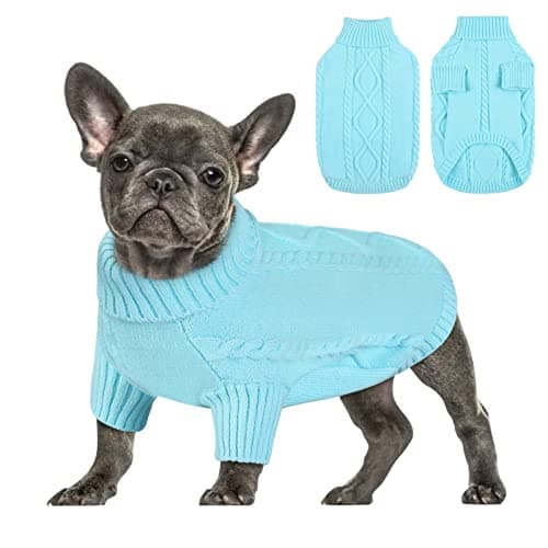 Queenmore Small Dog Pullover Sweater, Cold Weather Cable Knitwear, Classic Turtleneck Thick Warm Clothes for Chihuahua, Bulldog, Dachshund, Pug (Sky Blue, Small)