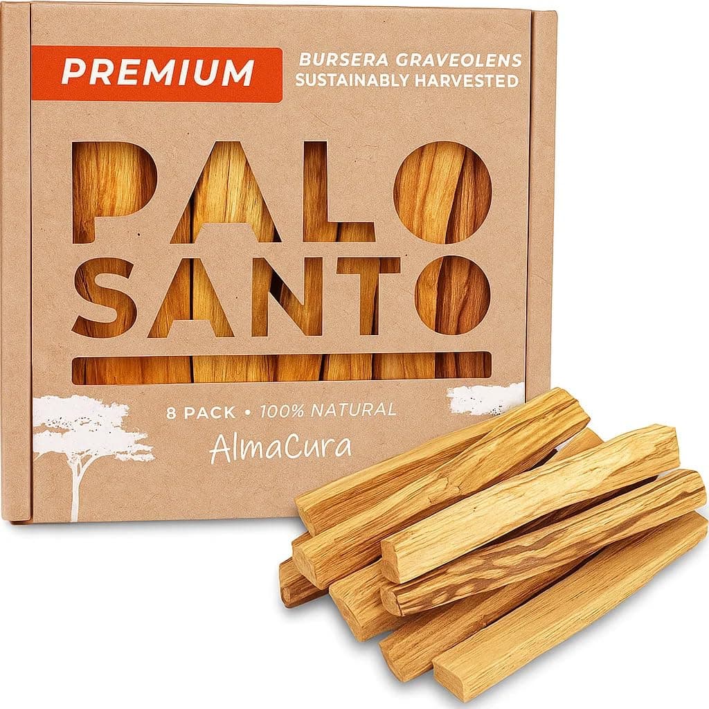 AlmaCura Palo Santo Premium Sticks 8 Smudging Incense Certified Pure Ethically and Sustainably Harvested from Fallen Trees in Peru NOT Ecuador Protection Meditation Healing Spiritual Cleansing