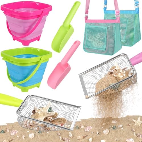 FHOZGECY Beach Toys Sand Toys with 2 Collapsible Bucket 2 Beach Mesh Shovel Sand Shovel Shark Tooth Sifter and Mesh Bag for Shell Collecting Sand Dipper Beach Scoop Toys for Kids Boys and Girls