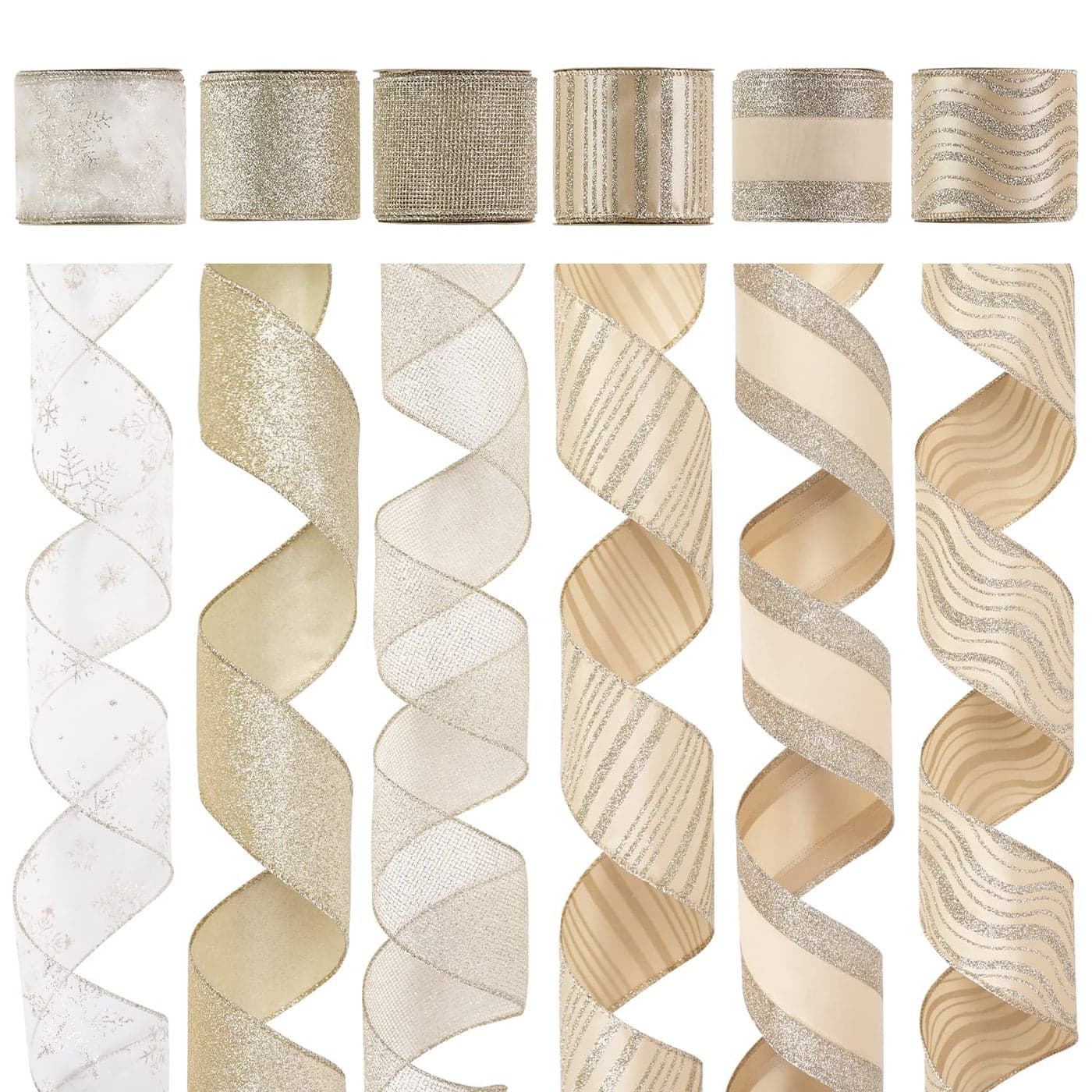 HUIHUANG Champagne Christmas Ribbon Wired Gold Tree Ribbon 6 Rolls Glitter Christmas Wired Edge Ribbons for Xmas Tree Gift Wrapping Wreaths Garland Home Decor 25 Wide 36 Yards Total