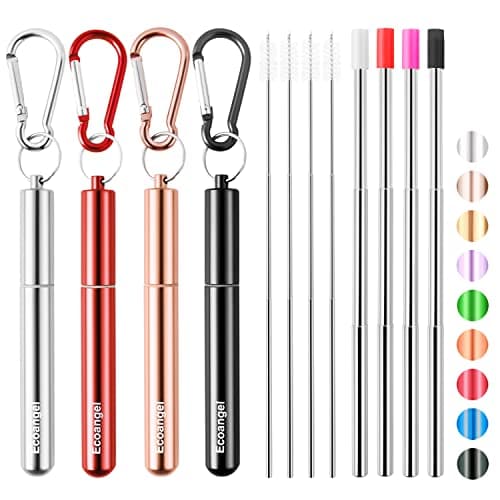 Ecoangel Cruise Ship Essentials4Pack reusable Collapsible Stainless Steel Drinking Straws with Aluminum CaseCleaning Brushand Keychains Blackrose goldsilverred