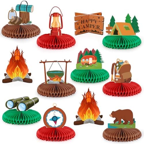 12PCS Camping Party Decoration Camping Honeycomb Centerpieces Camping Decorations with Tent Campfire 3D Honeycomb for Camp Themed Decorations Adventure Party Decorations Baby Shower