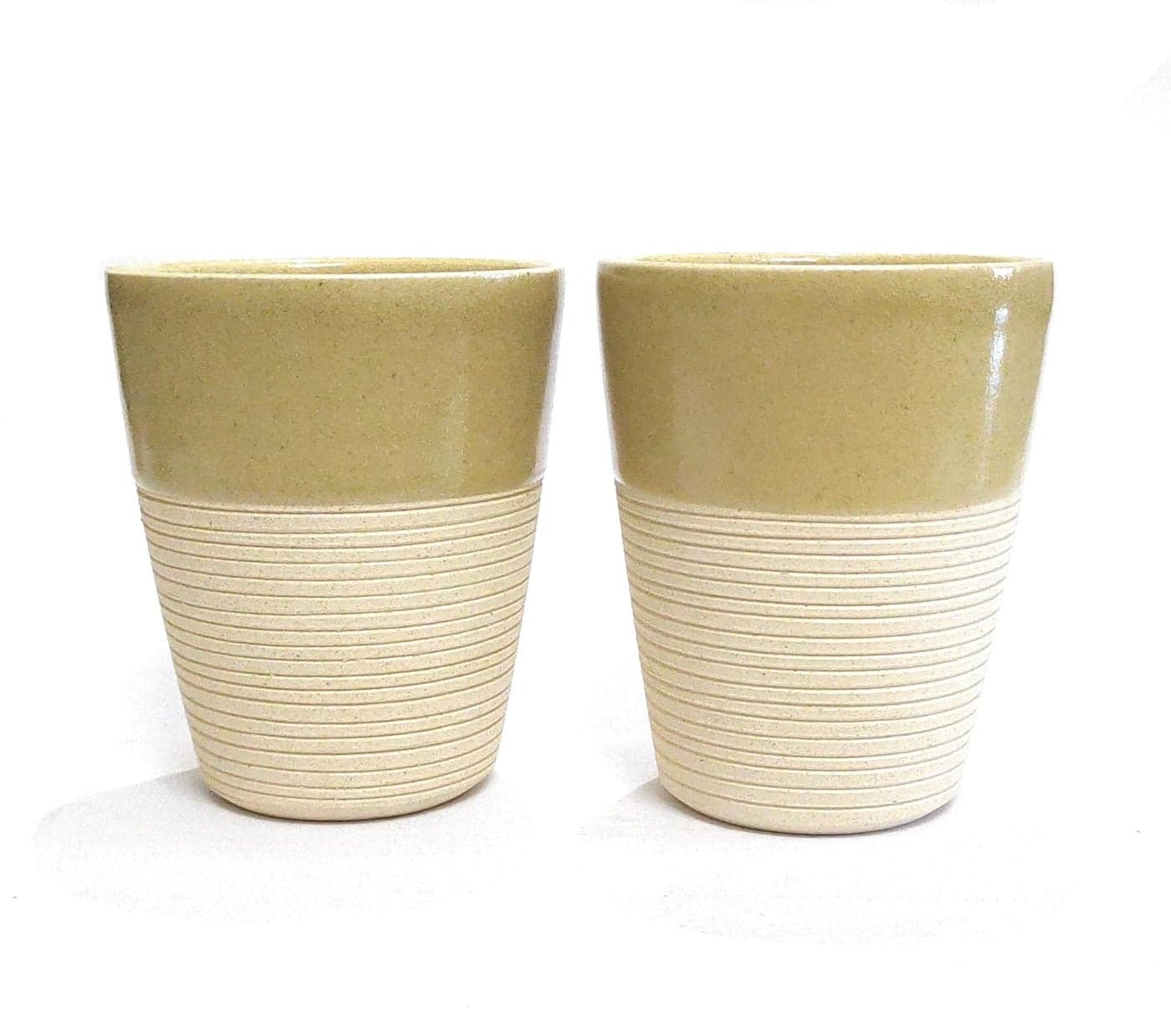 Designer Handmade Ceramic Tumblers Pale Olive Ribbed Cups Water Juice Coffee Tea Milk Microwave Save Lead Free 300 Ml Set of 2