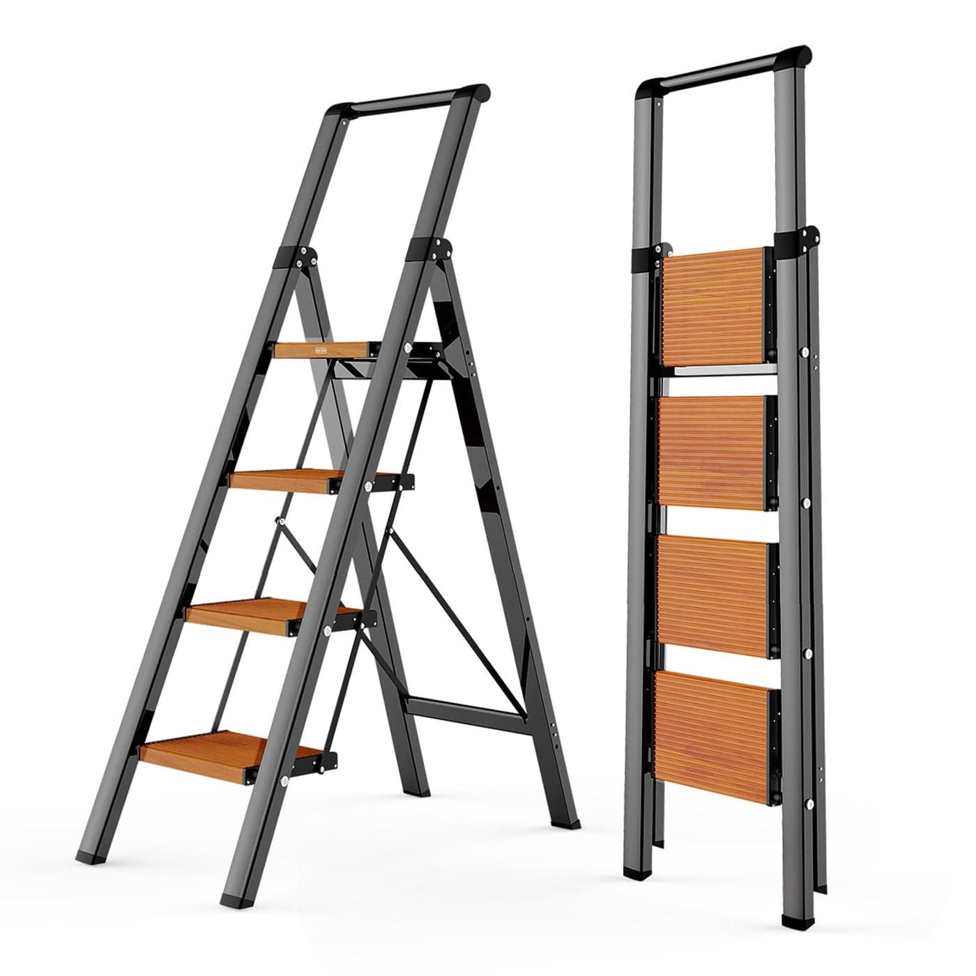 WOA WOA 4 Step Ladder Ladders for Home AntiSlip Pedals Aluminum Step Stool Foldable Lightweight to Move Ease of Storage Reach 9ft for Closet Kitchen Library Hold 300lbs BlackWood Grain