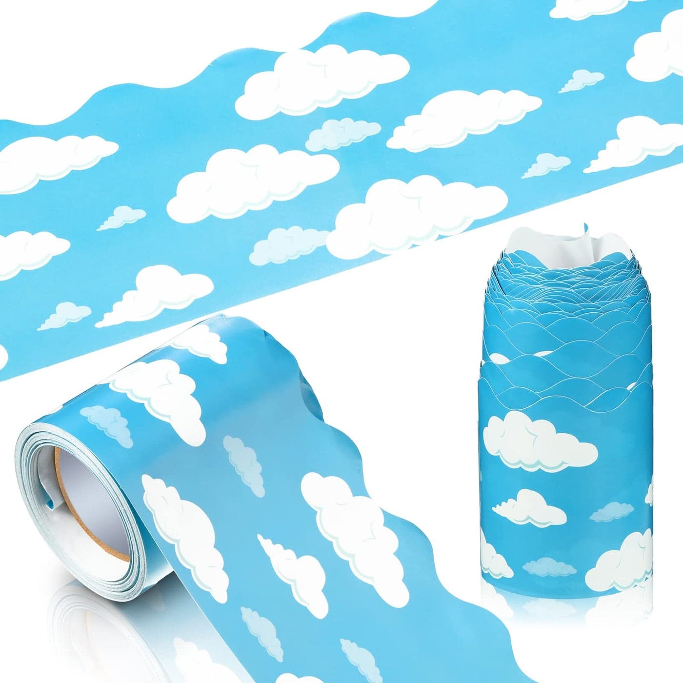 Teling 1 Pcs 328ft Blue Scalloped Bulletin Board Border Clouds Sky Poster Bulletin Board Trim for Back to School Classroom Decorative