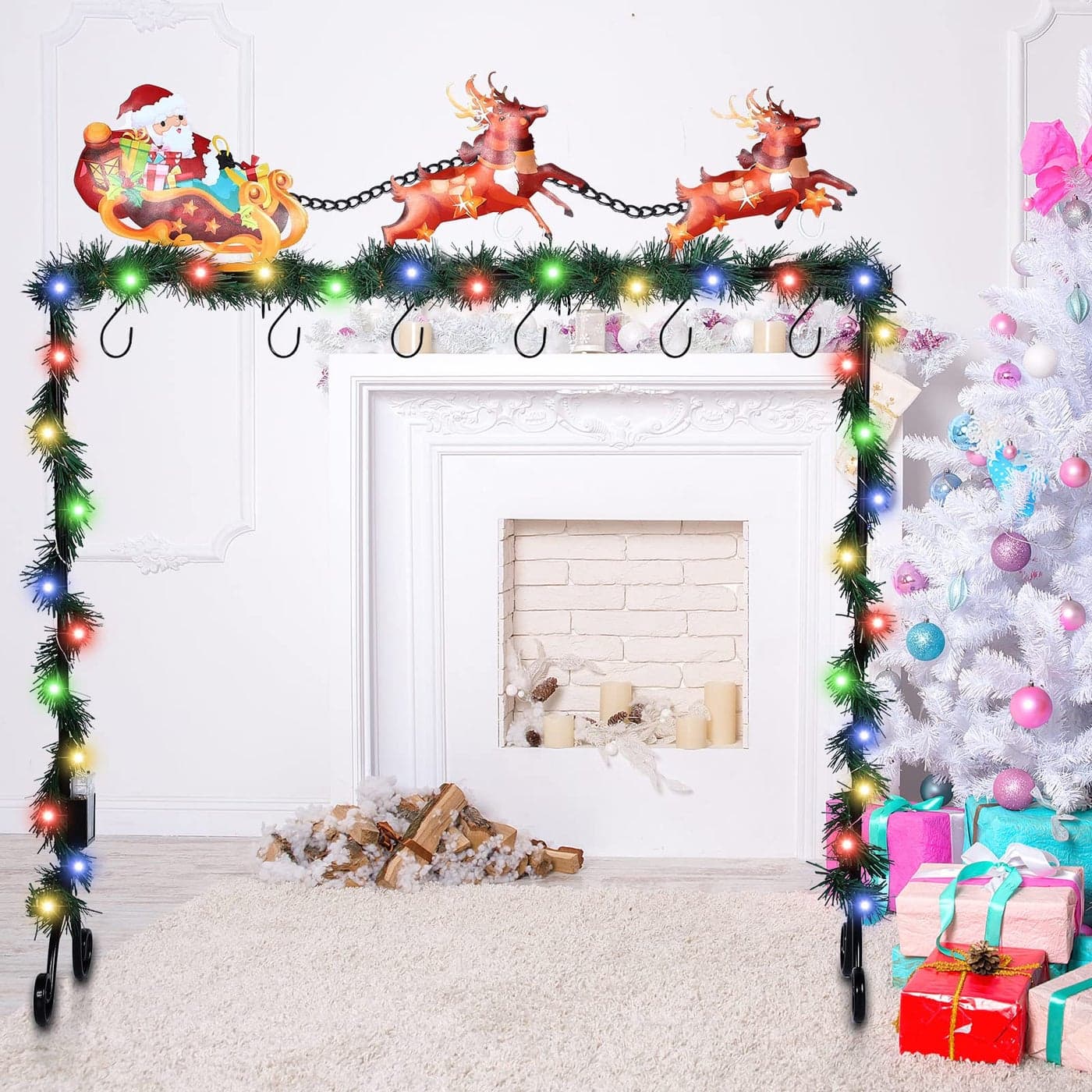 Treela Christmas Stocking Holder Stand for Floor Metal Stocking Hanger Stand with Hooks Holiday Stocking Holders Gift for Merry Christmas DecorationsSanta Claus Elk