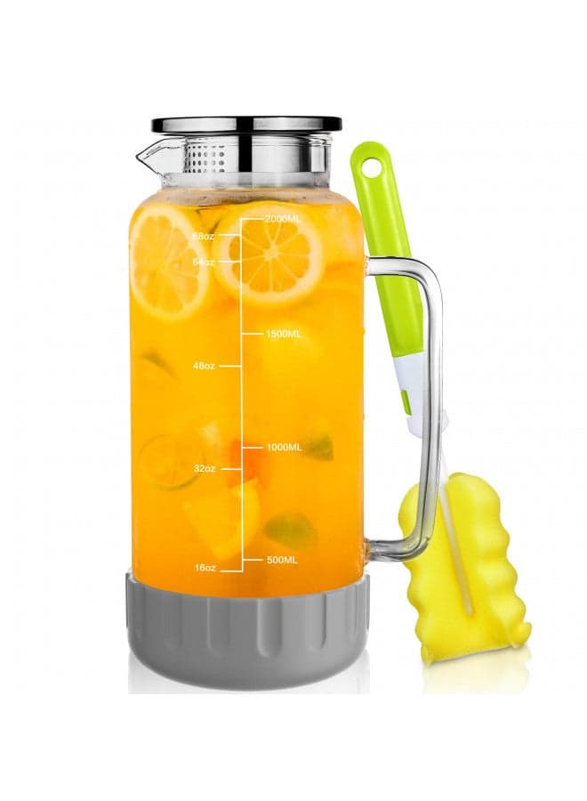 Glass Pitcher with Lid, 68oz Water Pitcher with Silicone Base and Precise Scale Line, Ice Tea Pitcher for Fridge, Anti-Slip and Easy to Clean, Glass Jug for Sun Tea Juice Coffee Milk Beverage (Gray)