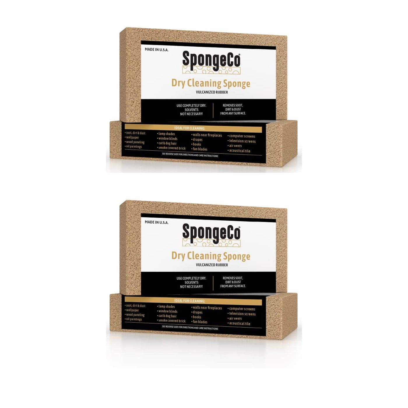 SpongeCo Dry Cleaning Soot Eraser Sponge Pet Hair Smoke Soot Dust and Dirt Remover 3x6x15 2 Pack All Natural Latex Rubber Made in The USA