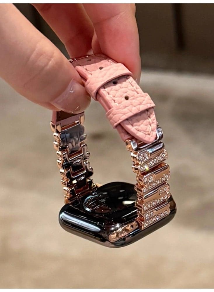Irregular Diamond Studded Lychee Patterned Leather Watch Strap Pink Belt, Rose Gold Buckle, Strap Only Suitable For 38mm (1st to 3rd Generation)