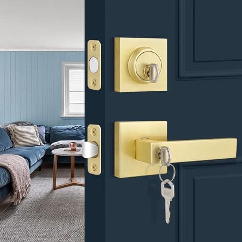 EHOMEWARE Door Handleset with Single Cylinder Deadbolt, Satin Brass Deadbolt, Reversible for Right and Left Side Single Keyed Square Deadbolt Lock Set
