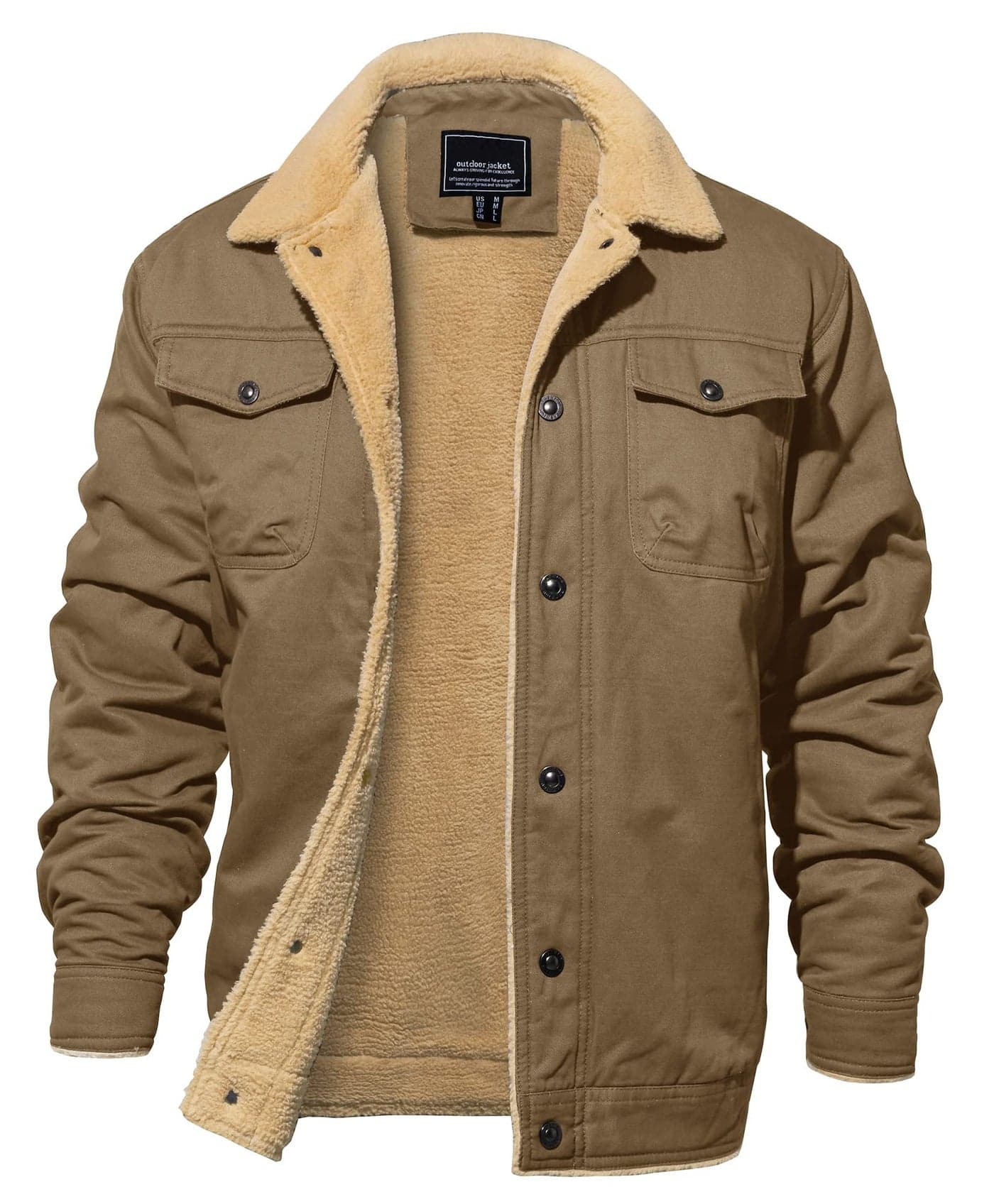 EKLENTSON Winter Coat for Men Classic Cargo Trucker Fall Winter Jacket Laple Fleece Warm Coat Men Khaki XLarge