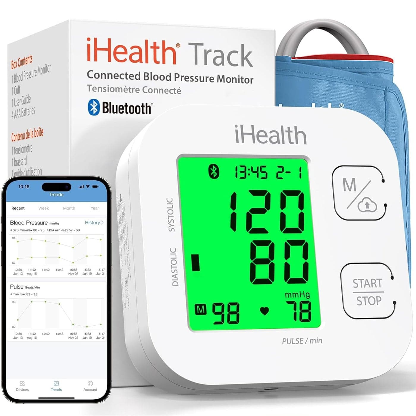 iHealth Track Wireless Upper Arm Blood Pressure Monitor with Wide range Cuff that fits Standard to Large Adult Arms Bluetooth Compatible for Apple Android Devices