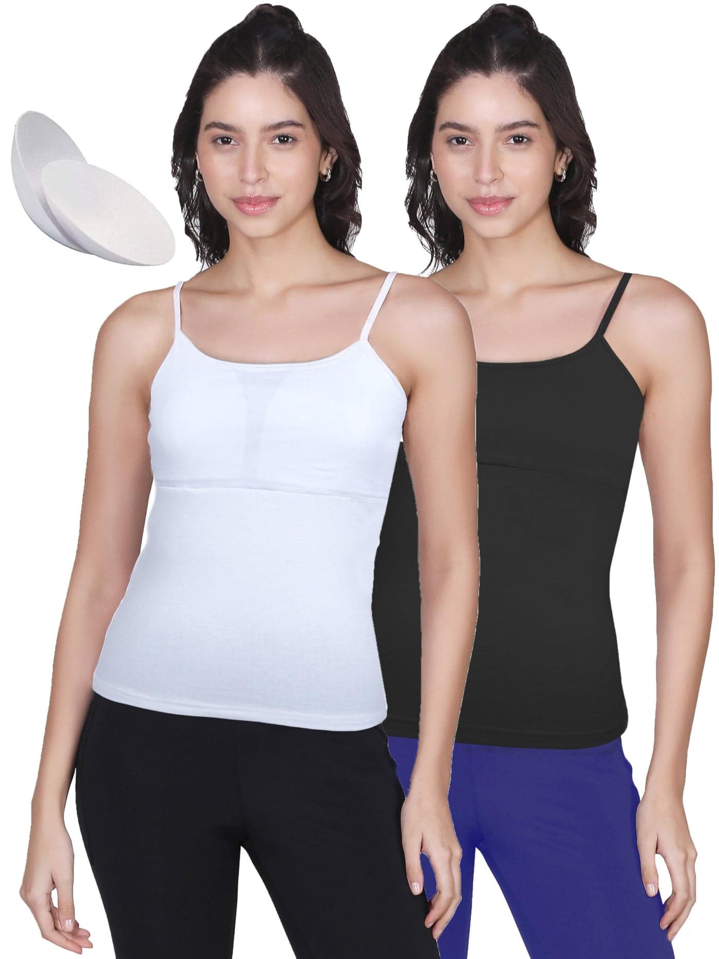 DChica Padded Camisole Bra for Women, Sleeveless Undershirts Cami Vest with Adjustable Straps Cotton Camisole Tank Top/Innerwear for Women (Pack of 2) Solid Colors