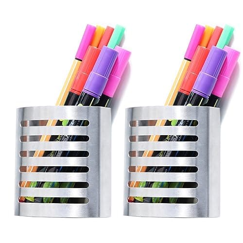 Sanpaint 2 Pack Magnetic Modern Pen and Pencil Holder, Metal Writing Utensil Storage Organizer for Kitchen, Locker, Home, or Office, 3.25" x 1.75" x 3.50", Brushed Stainless Steel
