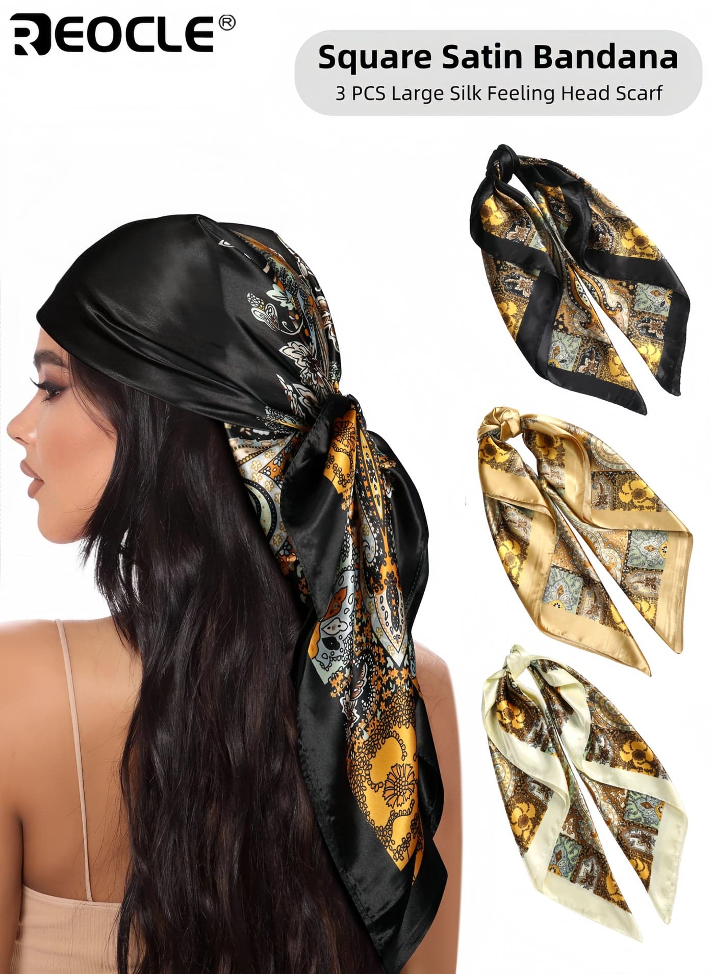 3PCS Satin Head Scarfs with Large Square Design and Silk Feeling Texture Hair Bandanas with Versatile Styling for Fashion Accessory
